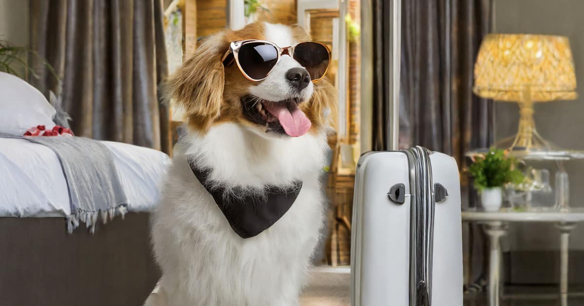 King Charles Spaniel wearing sunglasses with a suitcase at the Beverly Hills Hotel