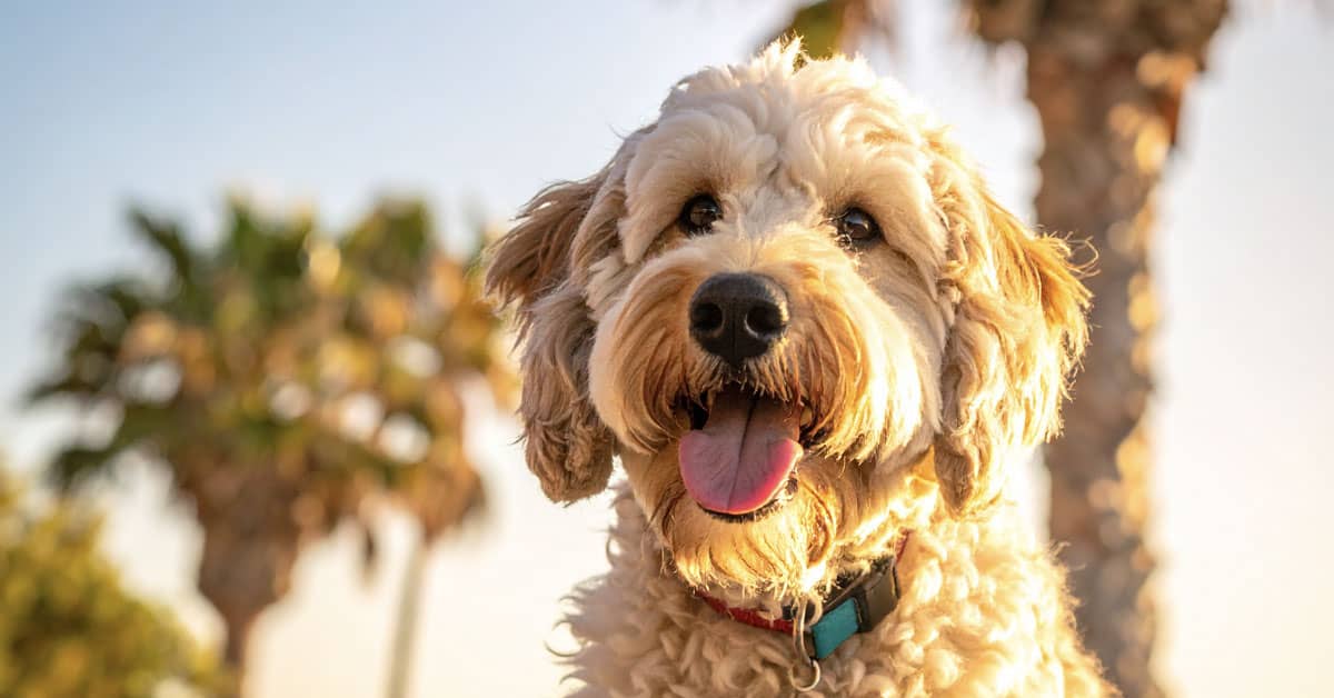 Smiling dog in front of palm trees – contact our team today