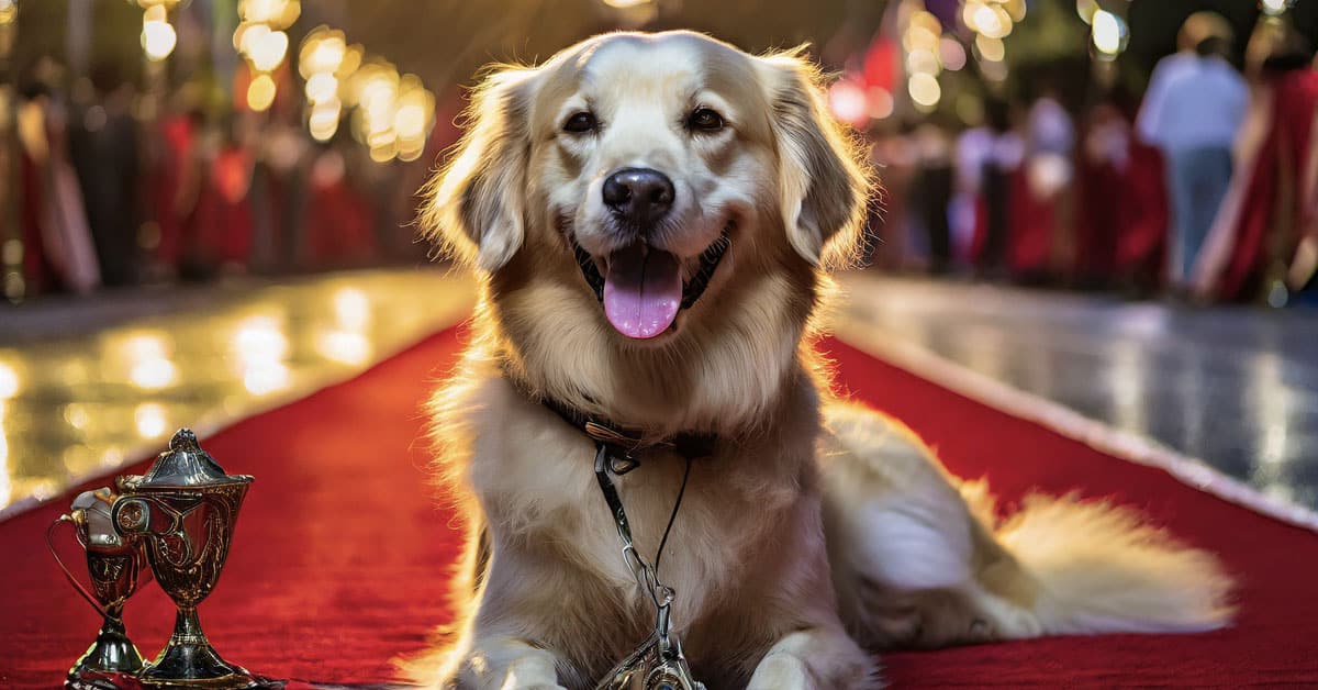Golden retriever sitting on a red carpet with a trophy, surrounded by lights and a cheering crowd.