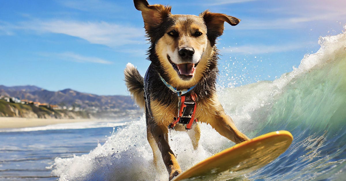 Dog surfing on a yellow surfboard at the beach with waves splashing under a sunny sky.