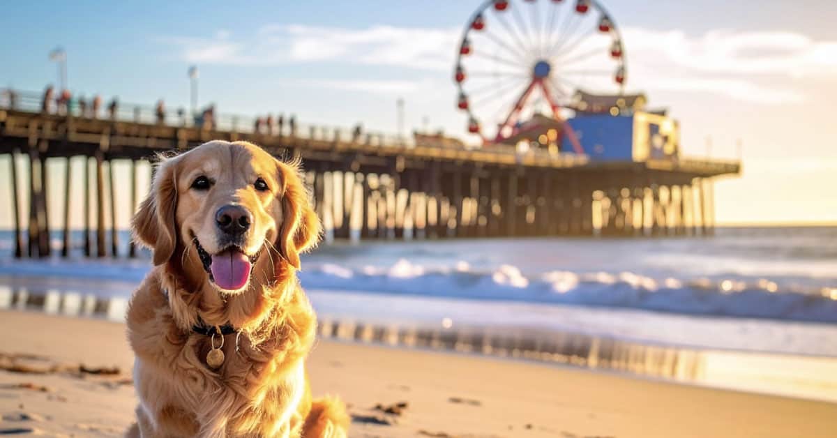 Golden Retriever on the beach in front of the Santa Monica Pier in Santa Monica, California
