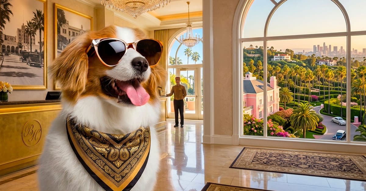 King Charles Spaniel wearing sunglasses with a suitcase at the Beverly Hills Hotel