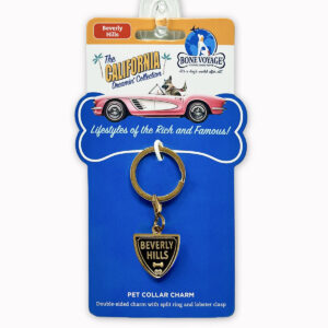 Bone Voyage Beverly Hills dog collar charm on retail packaging from the California Dreamin’ Collection.