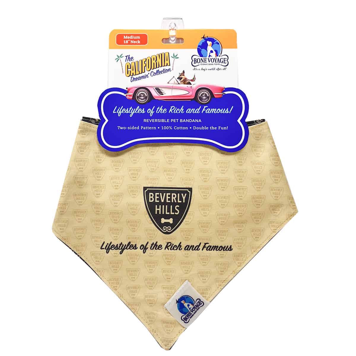 bh-front-card Beverly Hills reversible dog bandana featuring luxury-inspired crest design by Bone Voyage
