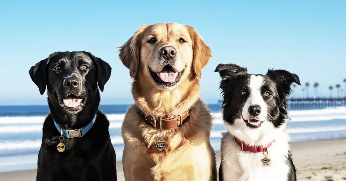 Three dogs on a California beach wearing Bone Voyage collar charms—Beverly Hills, Hollywood Star, and California Sun designs.