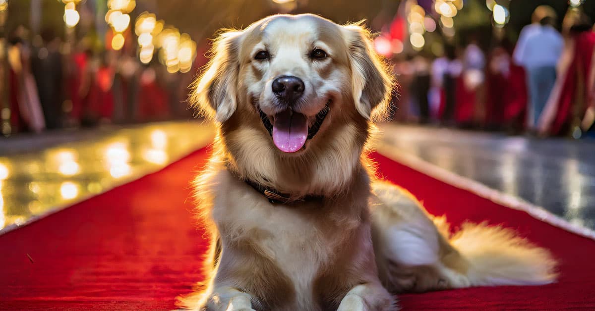 Golden retriever sitting on a red carpet with a trophy, surrounded by lights and a cheering crowd.
