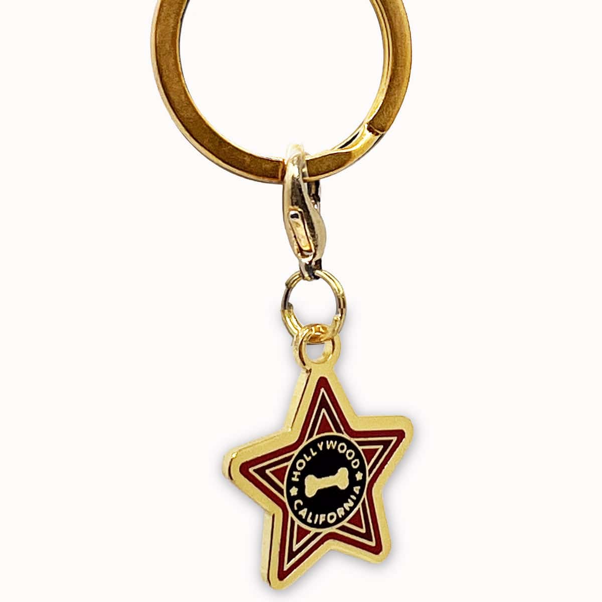 Hollywood Star Dog Collar Charm – California Pet Accessory Gold and red Hollywood star dog collar charm resembling a Walk of Fame star.