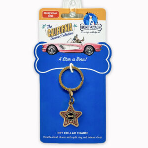 Bone Voyage Hollywood Star dog collar charm on retail packaging featuring the California Dreamin’