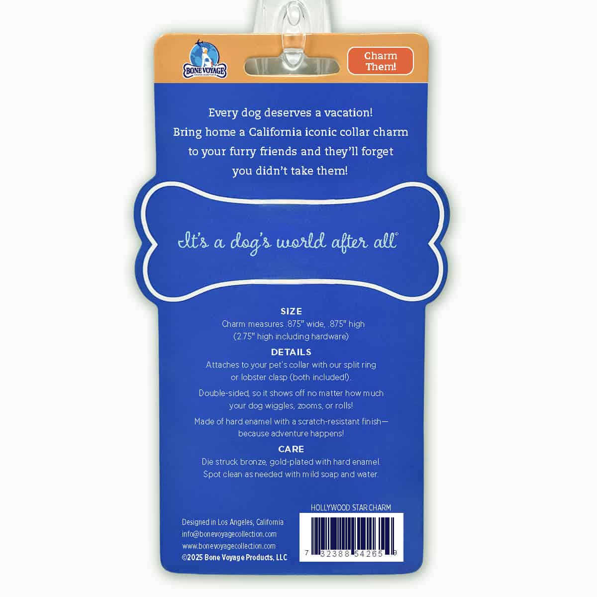 Hollywood Star Dog Collar Charm – Walk of Fame Pet Tag Bone Voyage Hollywood Star dog collar charm on retail packaging featuring the California Dreamin’ Collection.