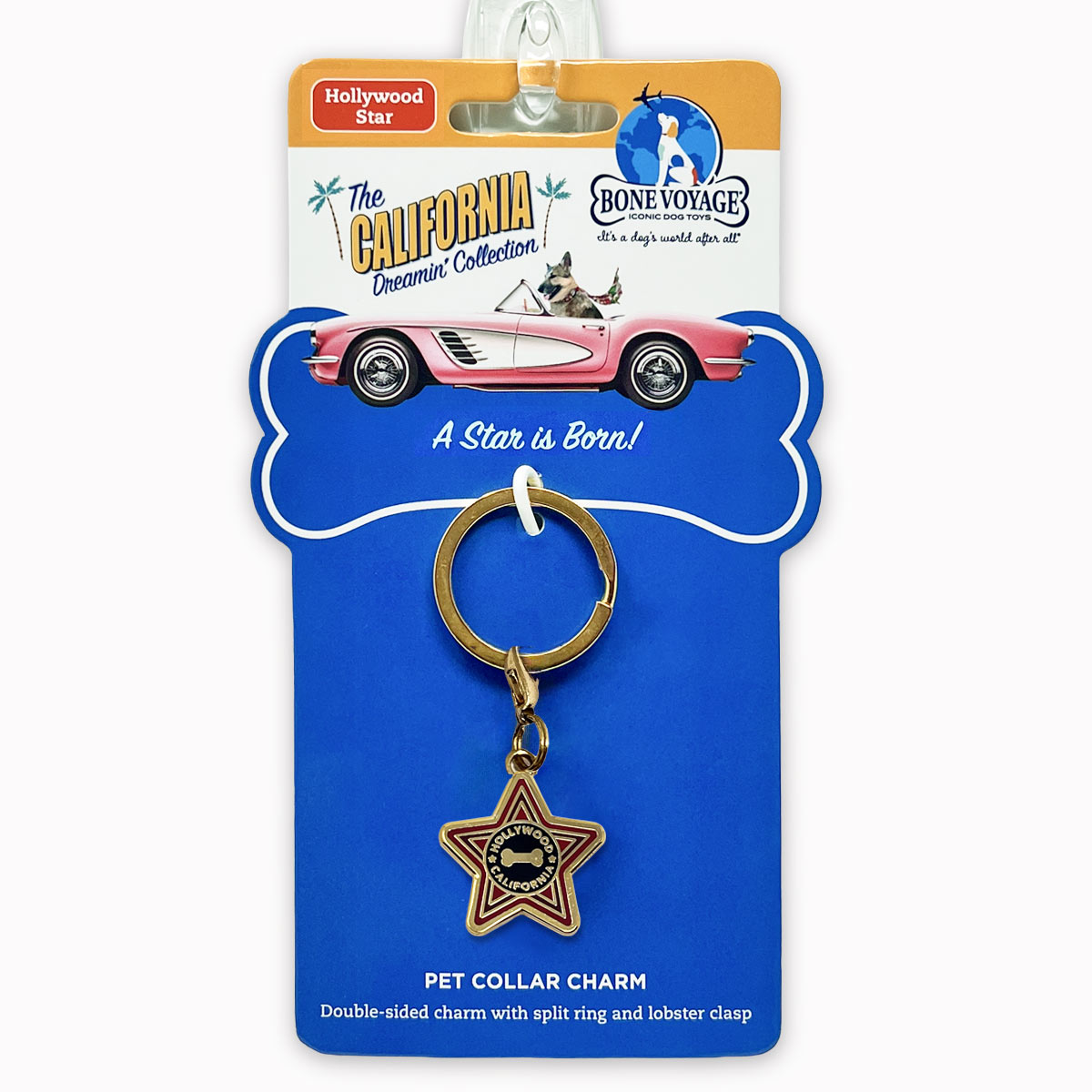 star-charm-package Bone Voyage Hollywood Star dog collar charm on retail packaging featuring the California Dreamin’