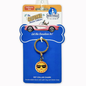 Bone Voyage California Sun dog collar charm on retail packaging from the California Dreamin’ Collection.