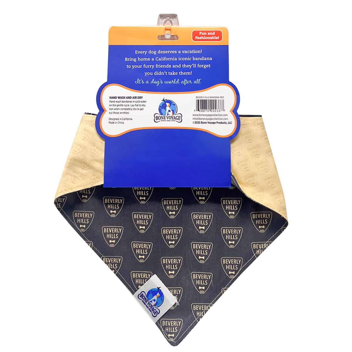 Beverly Hills Reversible Dog Bandana | Bone Voyage Collection Reversible Beverly Hills dog bandana showing all-over crest pattern, California Dreamin’ Collection