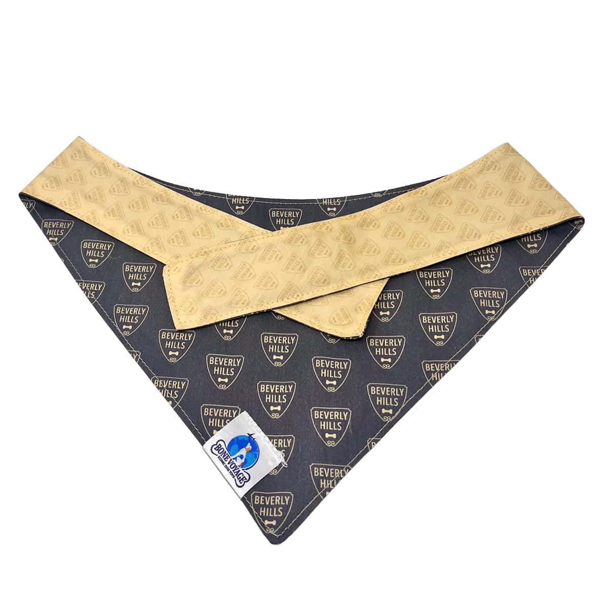 Beverly Hills Reversible Dog Bandana | Bone Voyage Collection Reversible Beverly Hills dog bandana showing all-over crest pattern, California Dreamin’ Collection