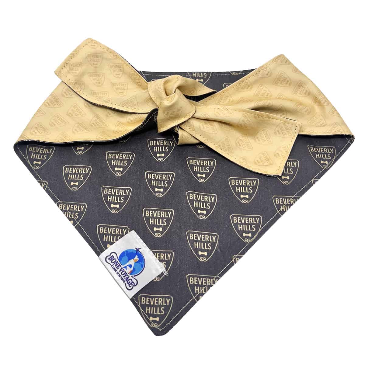 Beverly Hills Reversible Dog Bandana | Bone Voyage Collection Reversible Beverly Hills dog bandana showing all-over crest pattern, California Dreamin’ Collection