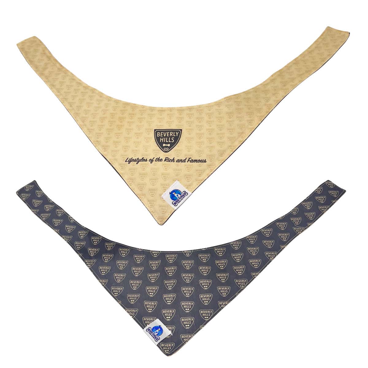 Beverly Hills reversible dog bandana featuring luxury-inspired crest design by Bone Voyage Beverly Hills Reversible Dog Bandana | Bone Voyage Collection