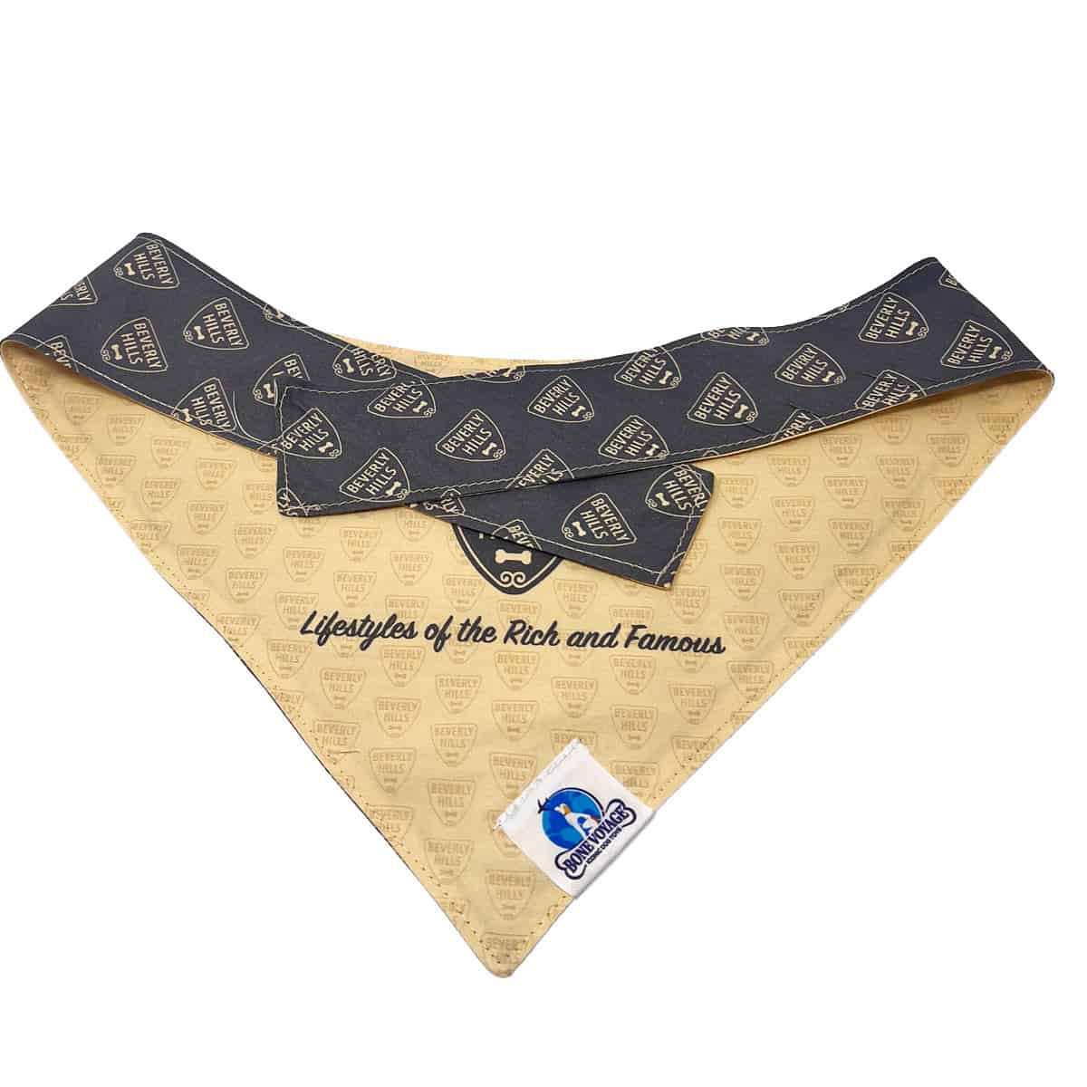 Beverly Hills Reversible Dog Bandana | Bone Voyage Collection Beverly Hills reversible dog bandana featuring luxury-inspired crest design by Bone Voyage