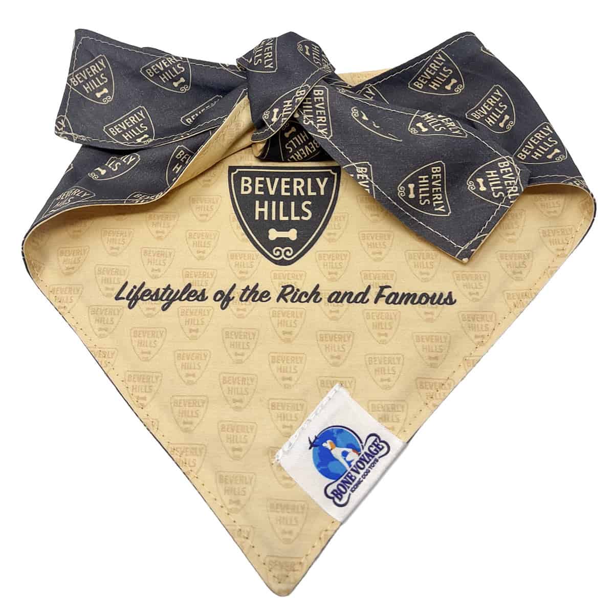 Beverly Hills Reversible Dog Bandana | Bone Voyage Collection Beverly Hills reversible dog bandana featuring luxury-inspired crest design by Bone Voyage