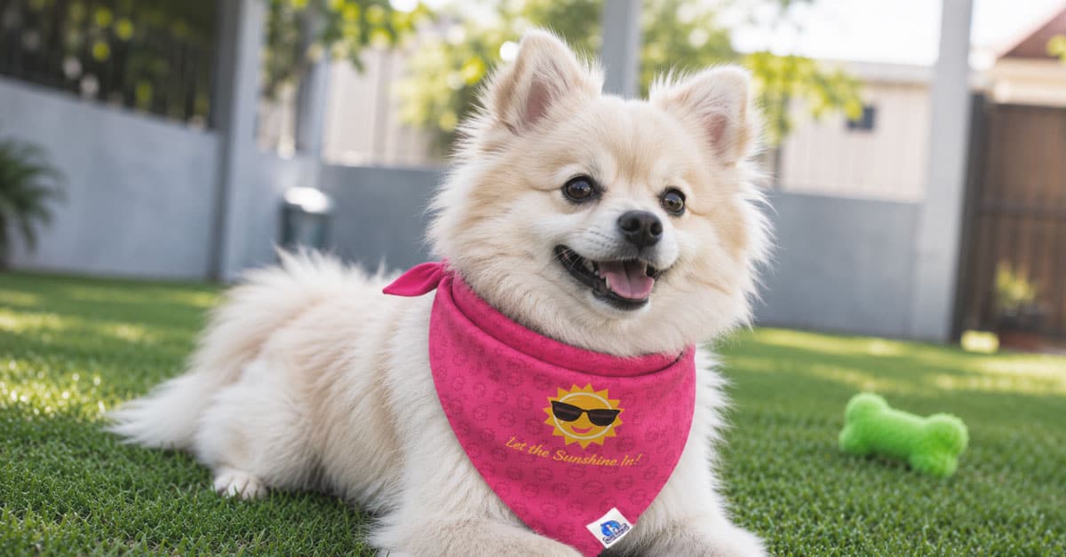 Dog wearing California Sun reversible bandana by Bone Voyage, lifestyle photo featuring Saki outdoors